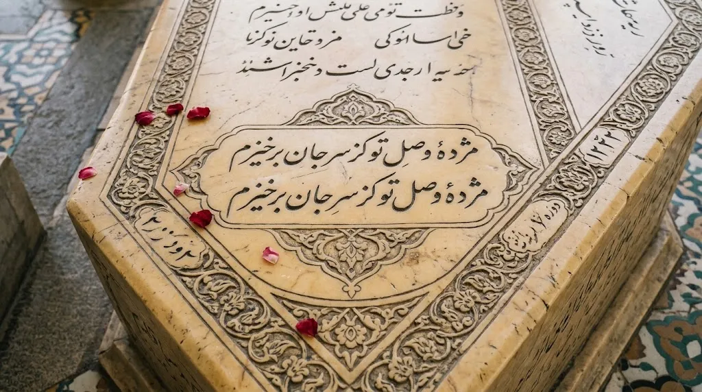 حافظیه شیراز؛ تحلیل تخصصی خوشنویسی کتیبهها، خطوط و جایگاه هندسی نگارهها زاویه از بالا و نزدیک از سنگ مزار مرمرین حافظیه شیراز با خطوط کتیبهای ثلث تراشیده شده دوره زندیه