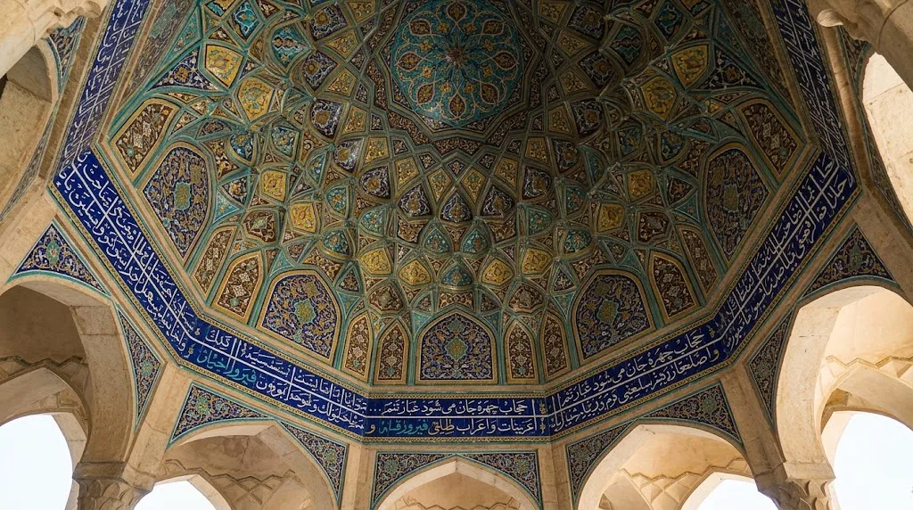 حافظیه شیراز؛ تحلیل تخصصی خوشنویسی کتیبهها، خطوط و جایگاه هندسی نگارهها سقف مقرنس و کتیبه مدور لاجوردی زیر گنبد آرامگاه حافظ با اشعار خط ثلث