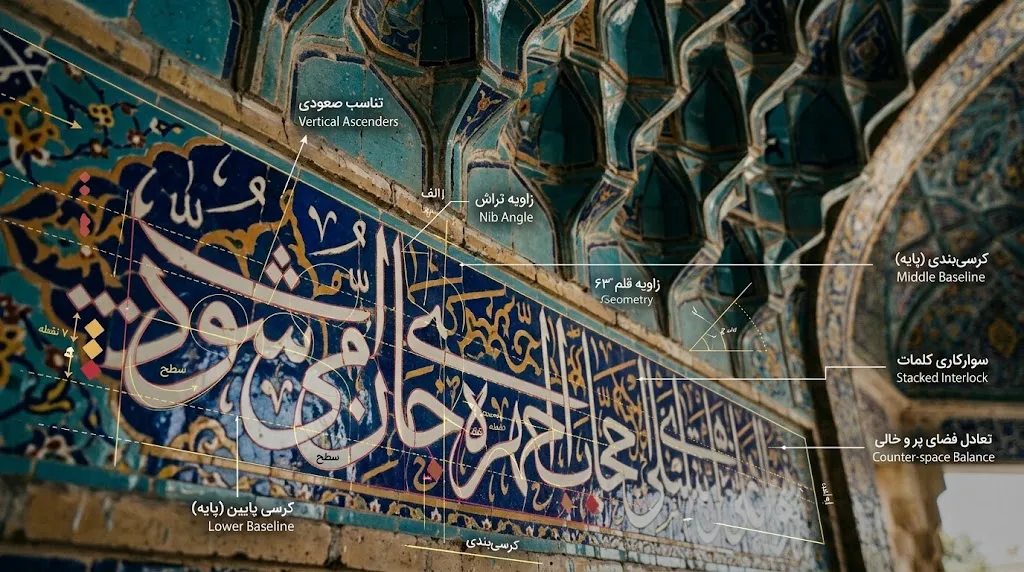 حافظیه شیراز؛ تحلیل تخصصی خوشنویسی کتیبهها، خطوط و جایگاه هندسی نگارهها تحلیل گرافیکی و خطوط راهنمای کرسیبندی و تناسبات هندسی کلمات در خط ثلث کتیبه حافظیه